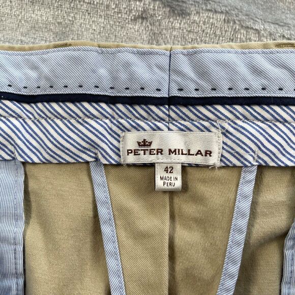 Peter Millar Shorts 42 Khaki Chino Flat Front Pima Cotton Stretch Peru 8" Inseam - Picture 4 of 6